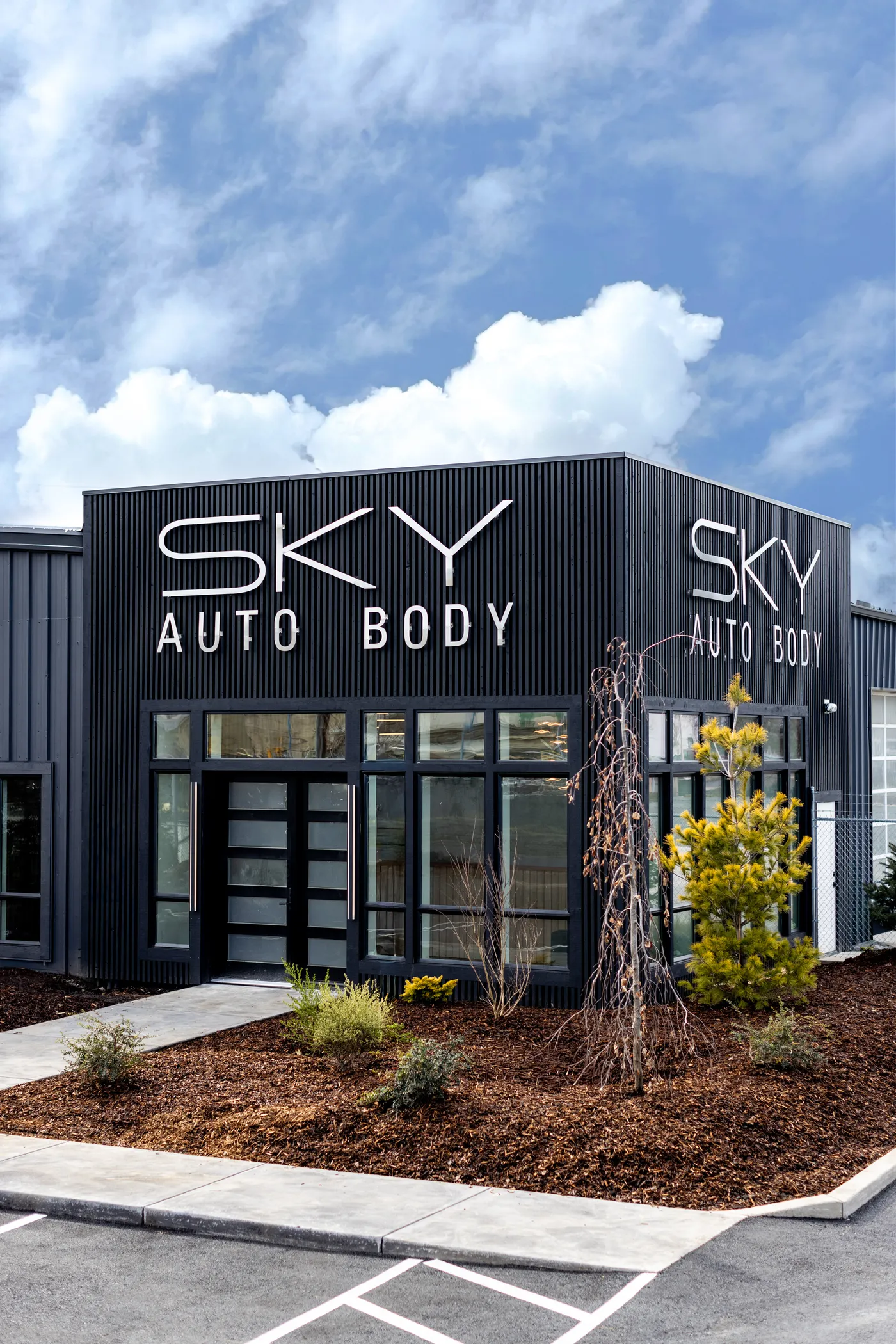 Sky Auto Body shop entrance on Sage Road in south Medford, Oregon