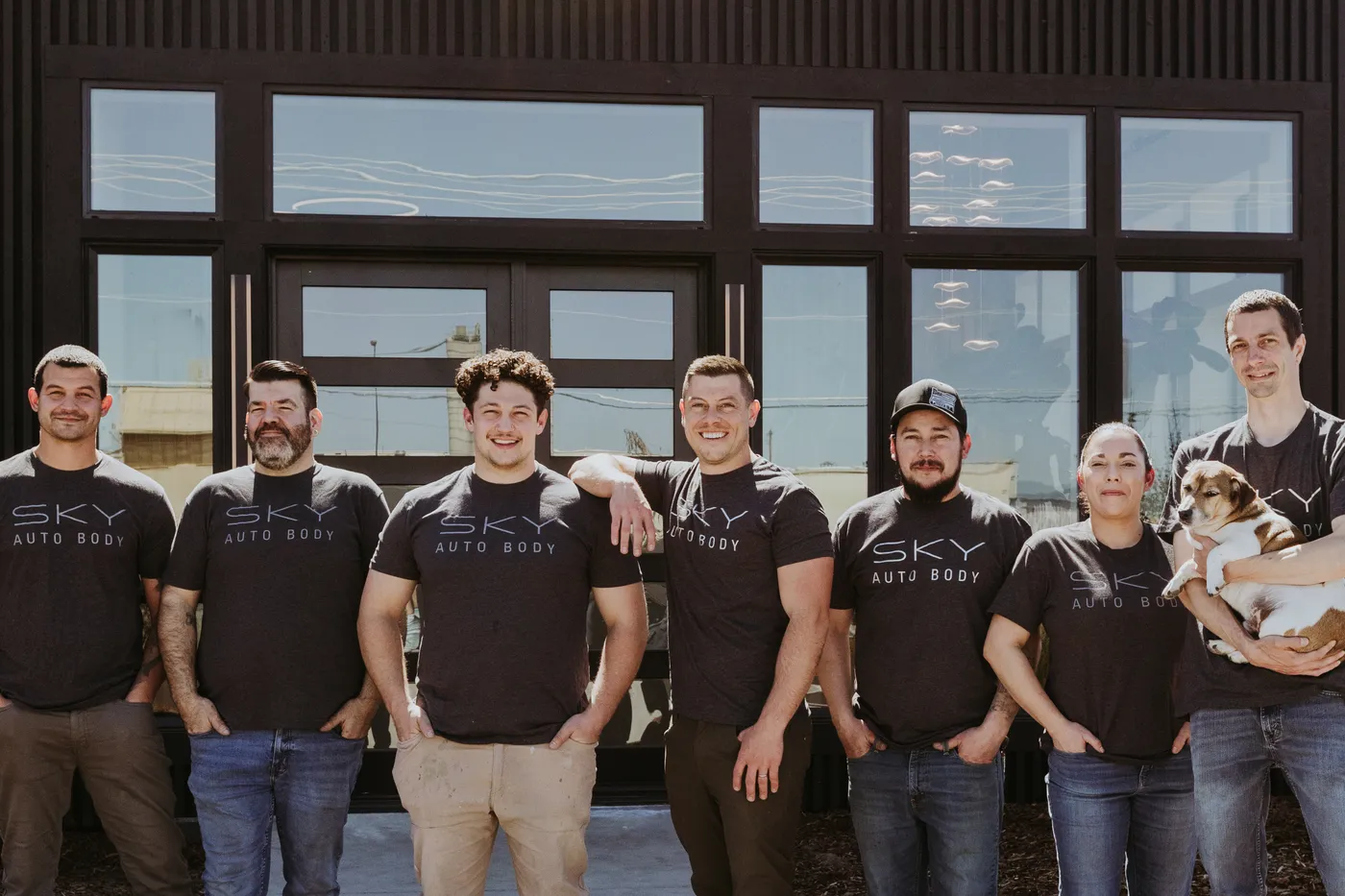 The Sky Auto Body team in front of the shop in Medford, Oregon